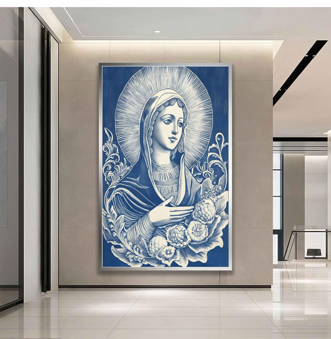 Our Lady Of Guadalupe Blue And White Floral Religious Art Poster - Image 3