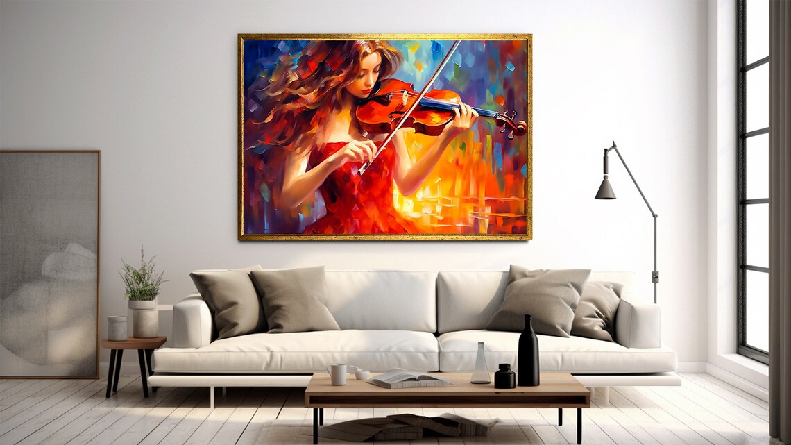 Woman In Red Dress Playing Violin Colorful Abstract Music Art Print - Image 2