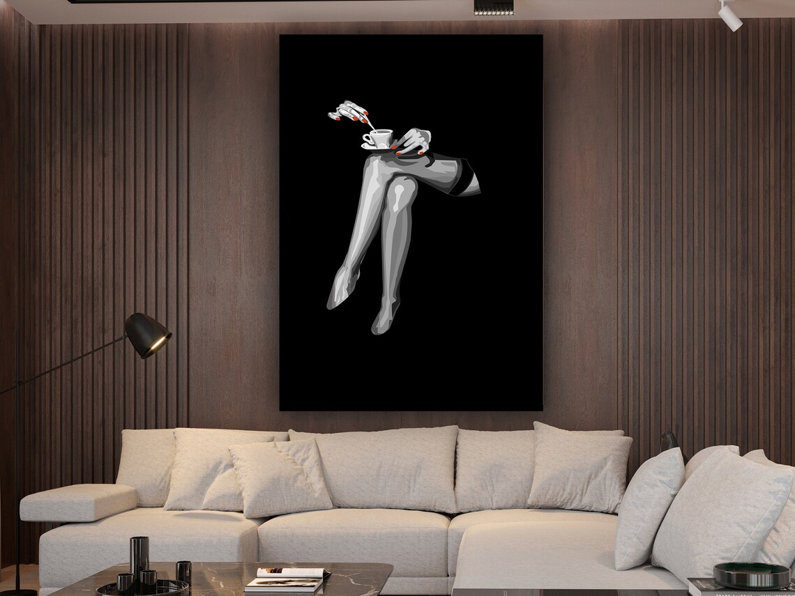 Woman Crossed Legs Holding Coffee Cup Black White Fashion Art Print - Image 2