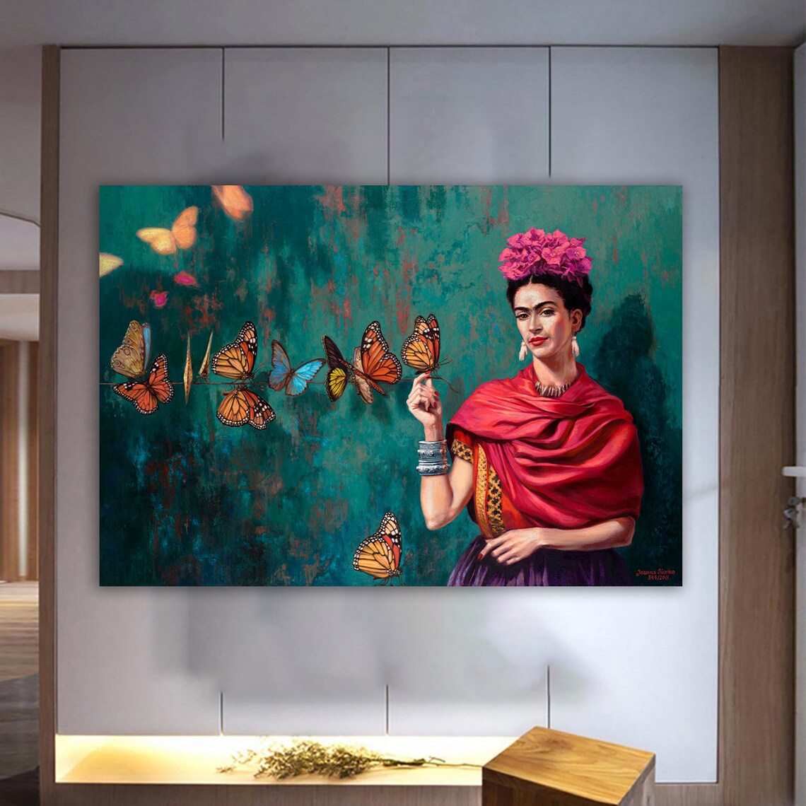 Frida Kahlo Portrait Butterflies Pink Flowers Modern Painting Wall Art - Image 3