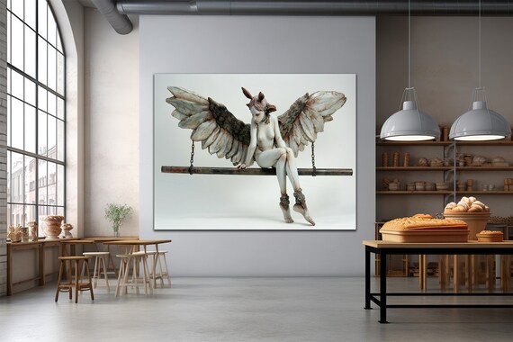 Pale Winged Woman with Gray Feathered Wings on Chained Bar Art Poster