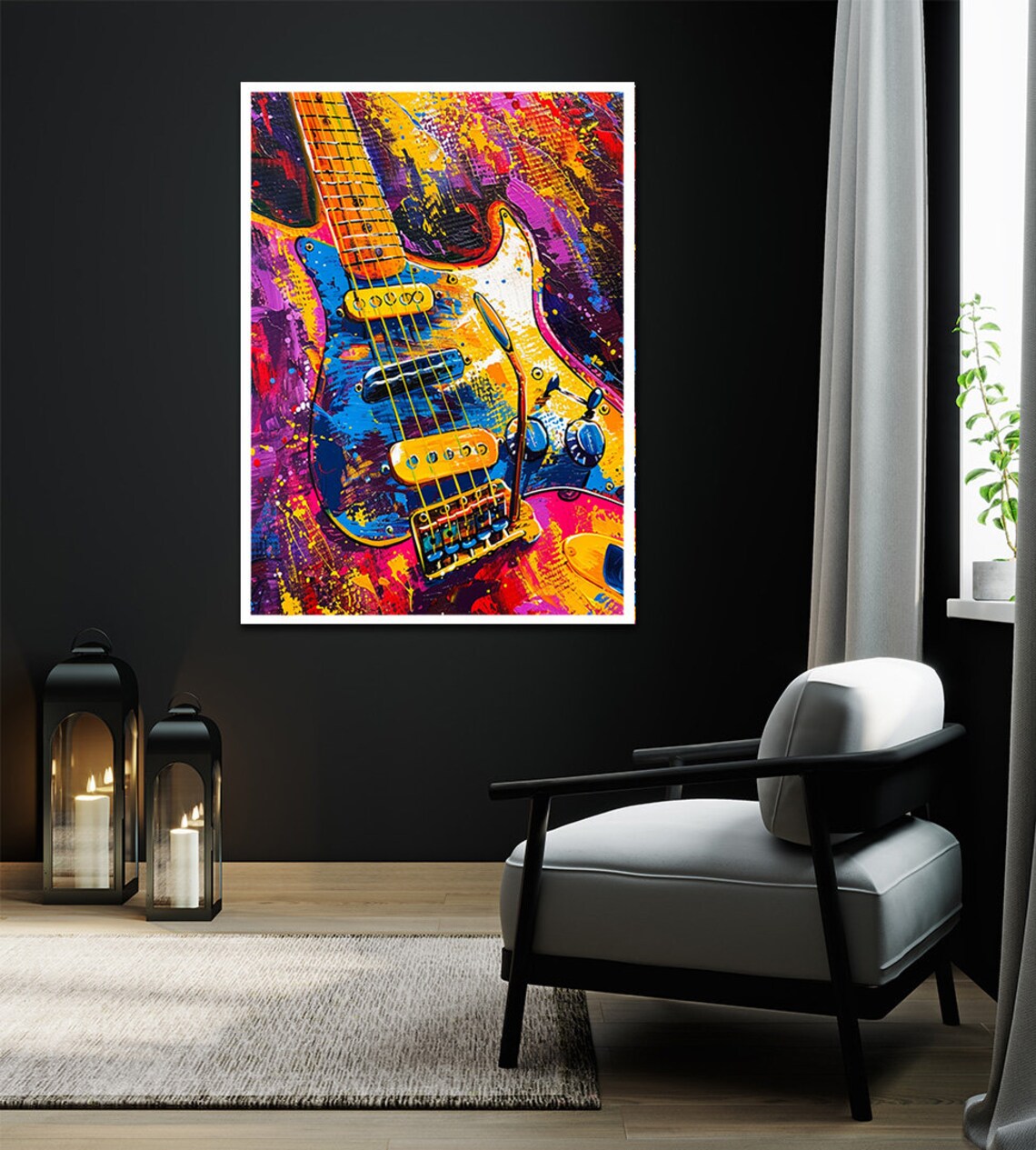 Vibrant Abstract Electric Guitar Close Up Neon Colors Music Wall Poster - Image 2