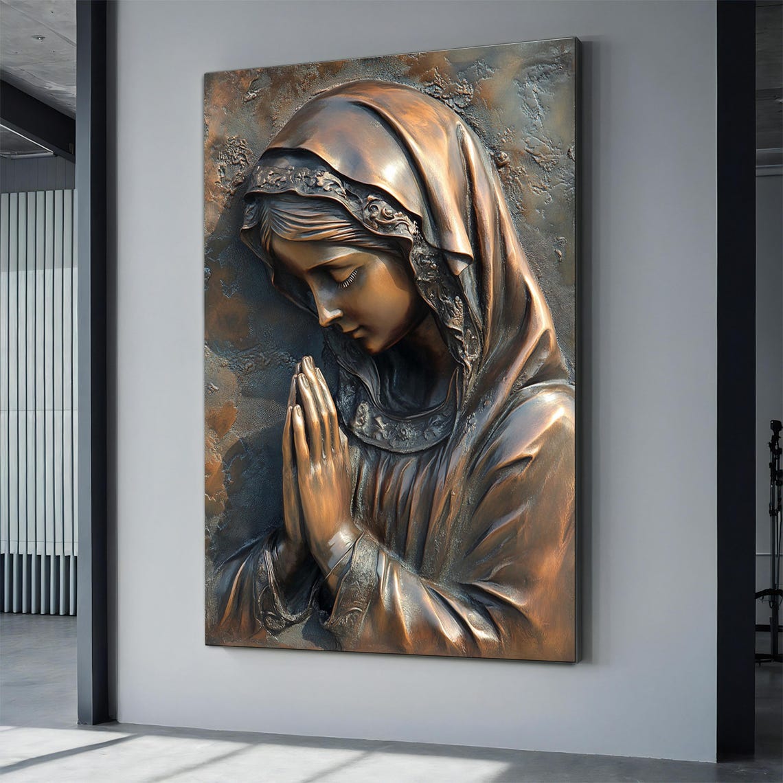 Bronze Praying Virgin Mary Relief Sculpture Style Religious Wall Art