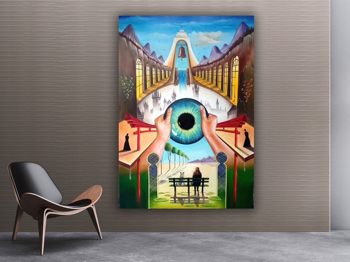 Surreal Giant Eye Held Between Hands Dreamlike Waterfall Scene Poster - Image 3