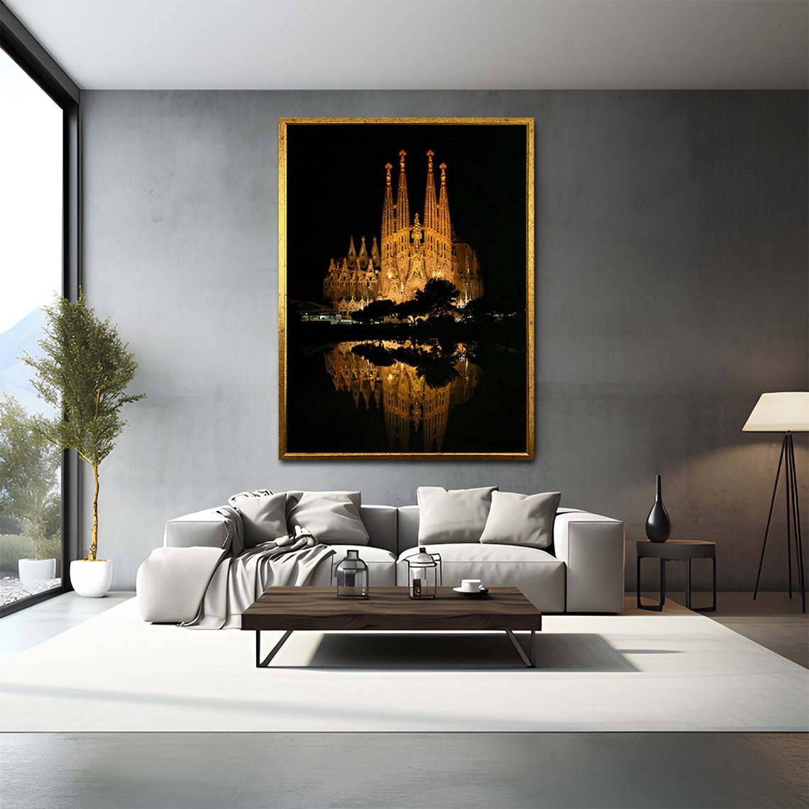 La Sagrada Familia Painting Printed Painting Barcelona Art Spain Wall Art Landscape Painting Night Landscape Painting