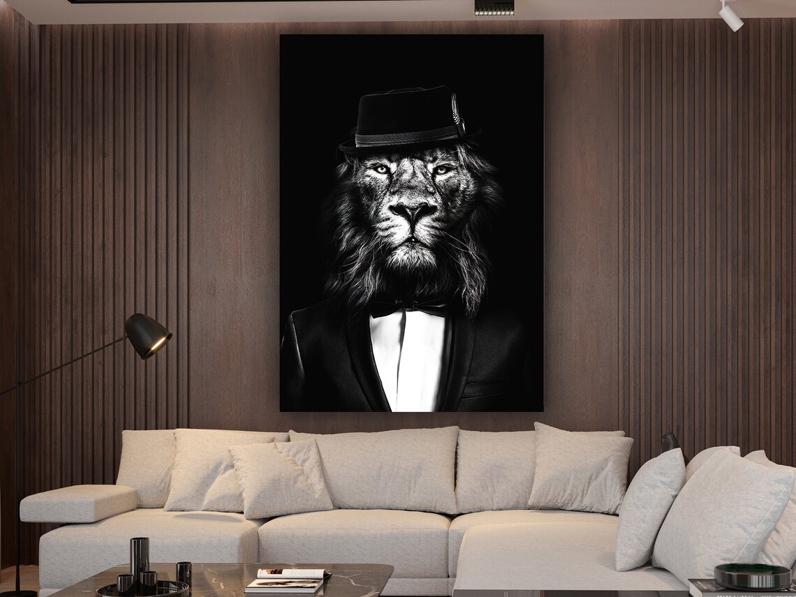 Lion In Suit And Hat Black White Funny Animal Portrait Poster