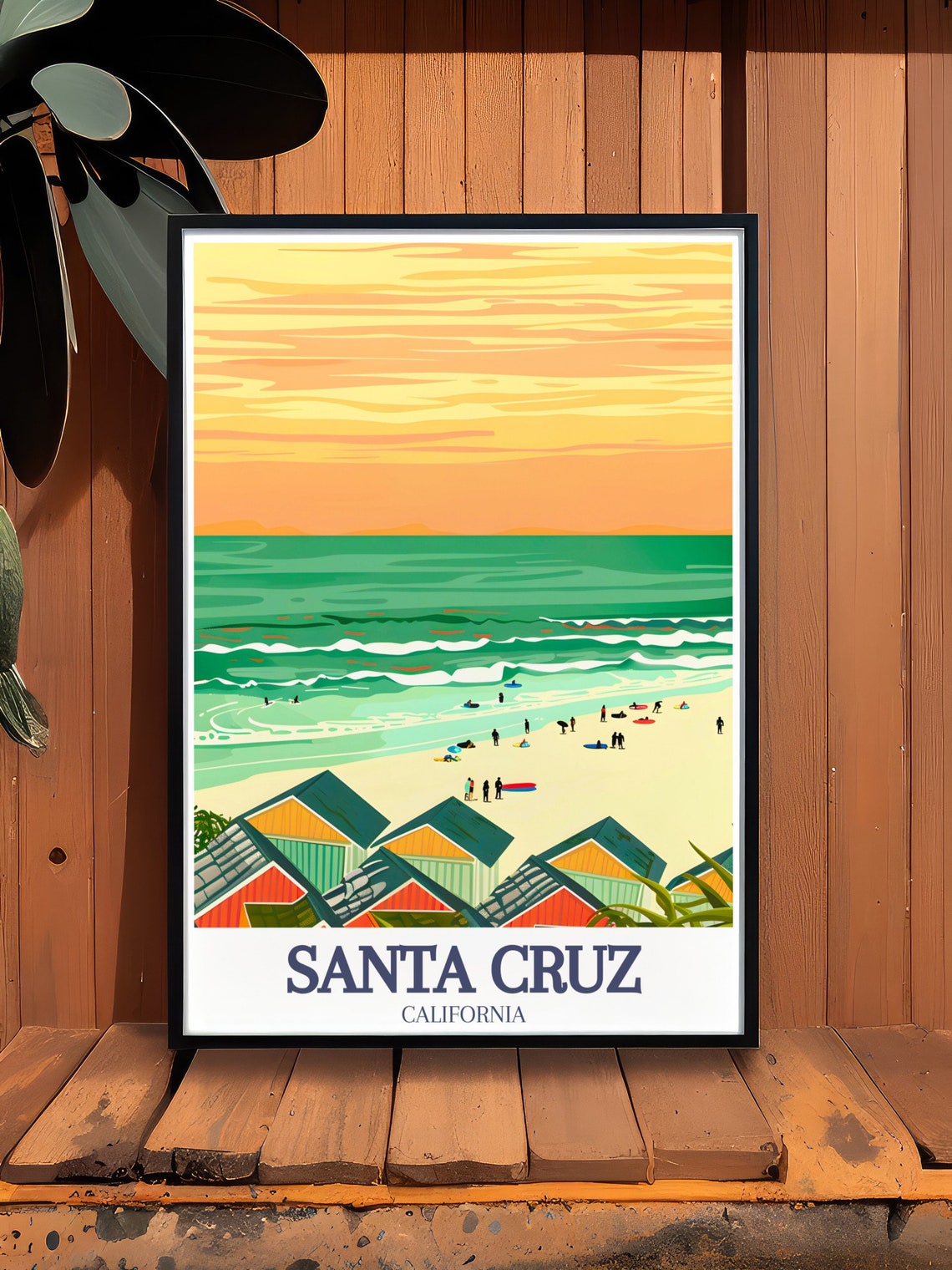Santa Cruz Capitola Colorful Beach Cabins Surfers Sunset Poster - Image 2