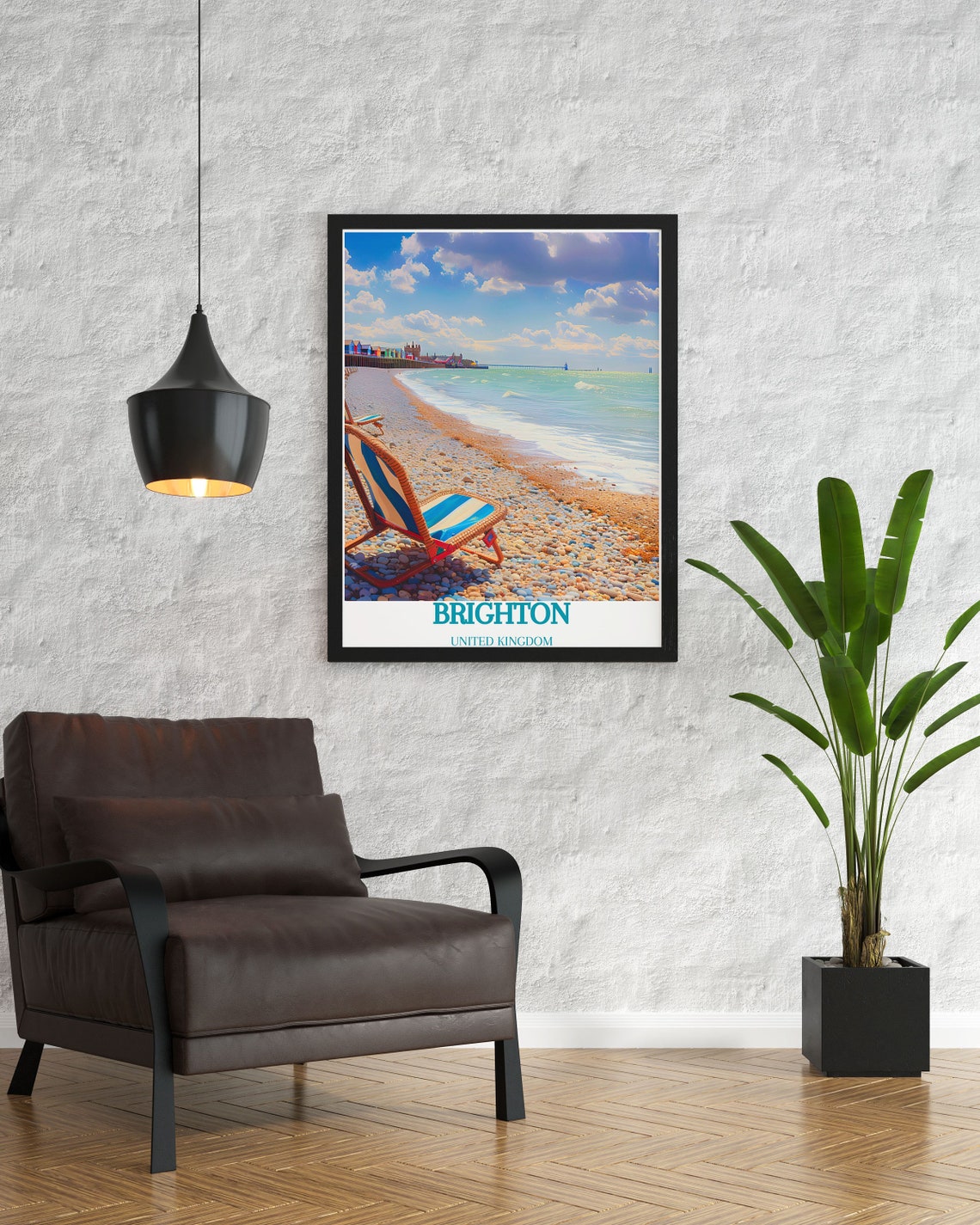 Brighton Beach Striped Deck Chair Pier View United Kingdom Poster - Image 2