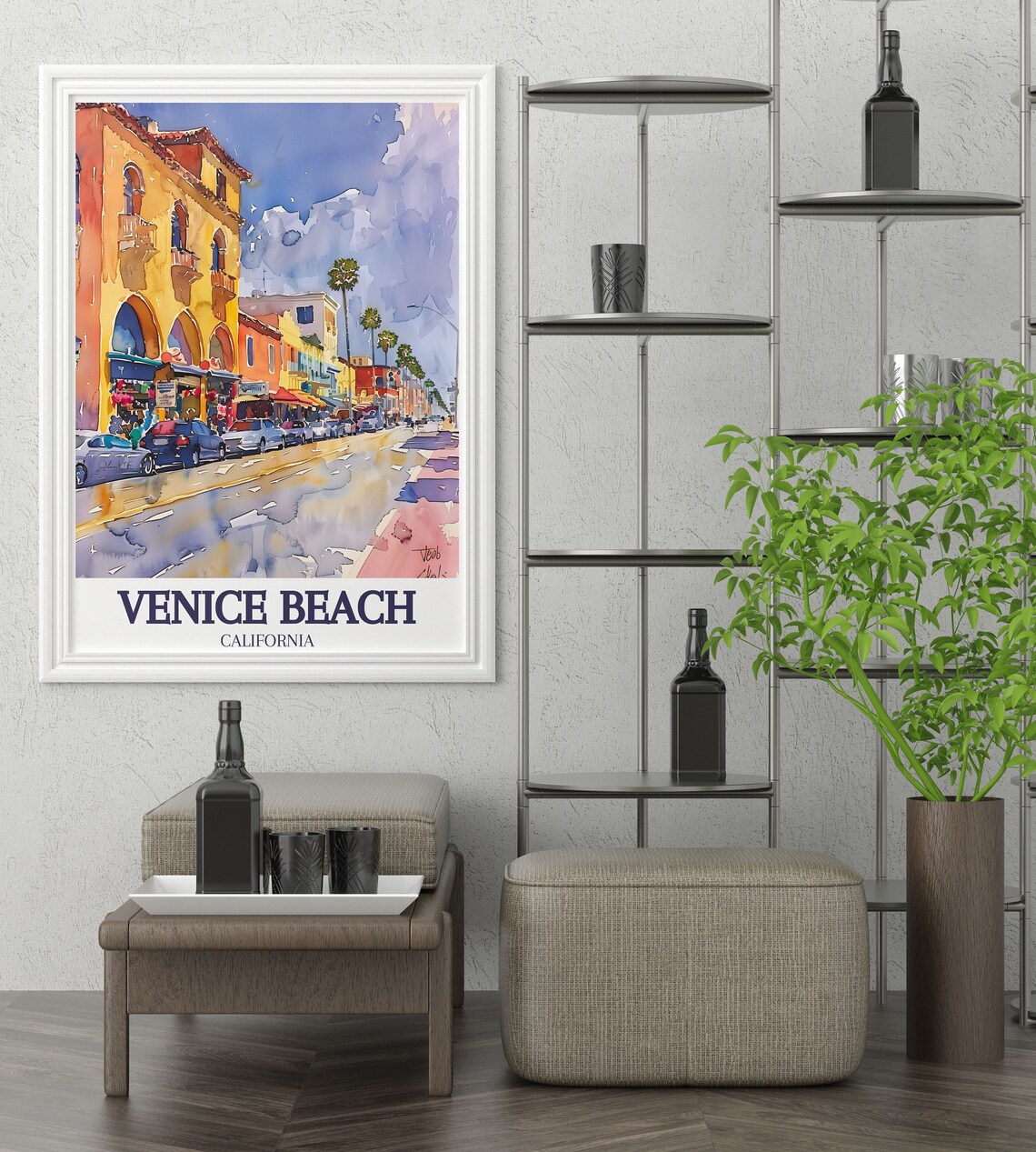 Venice Beach California Palm Street Scene Watercolor Art Poster - Image 3