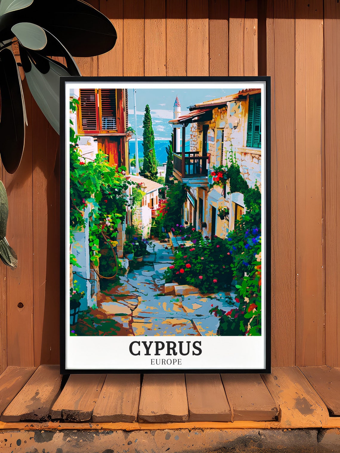 Cyprus Village Flowered Street Mediterranean Sea View Poster - Image 3