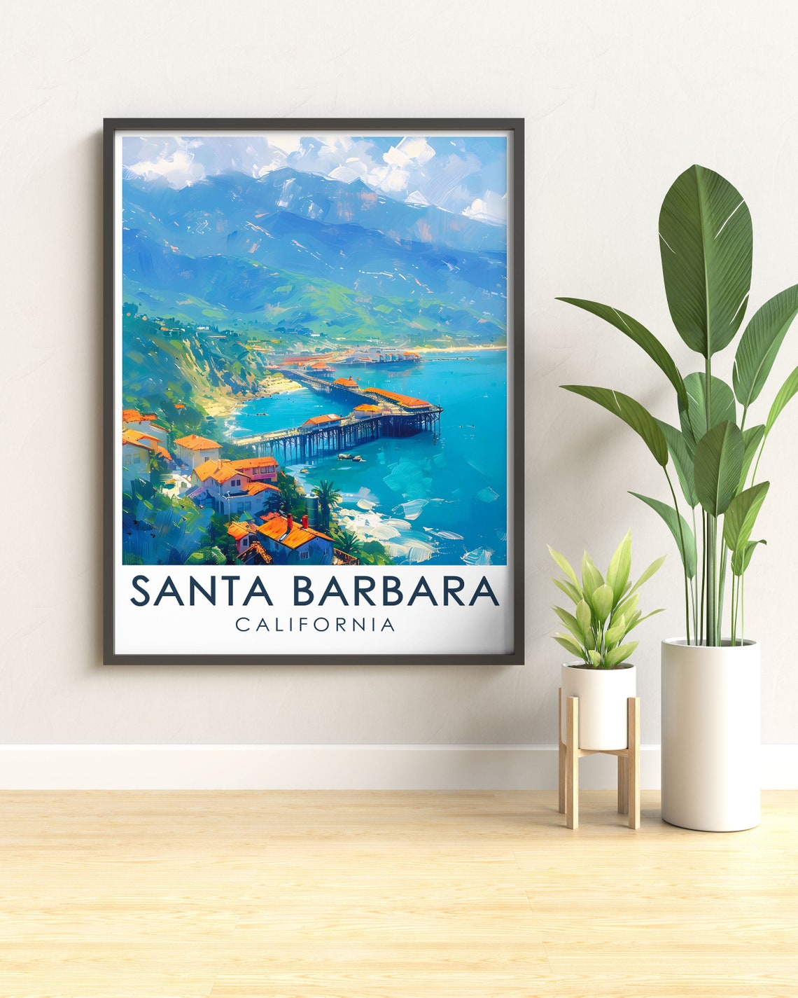 Santa Barbara Stearns Wharf Pier Beach Mountain View Travel Poster - Image 3