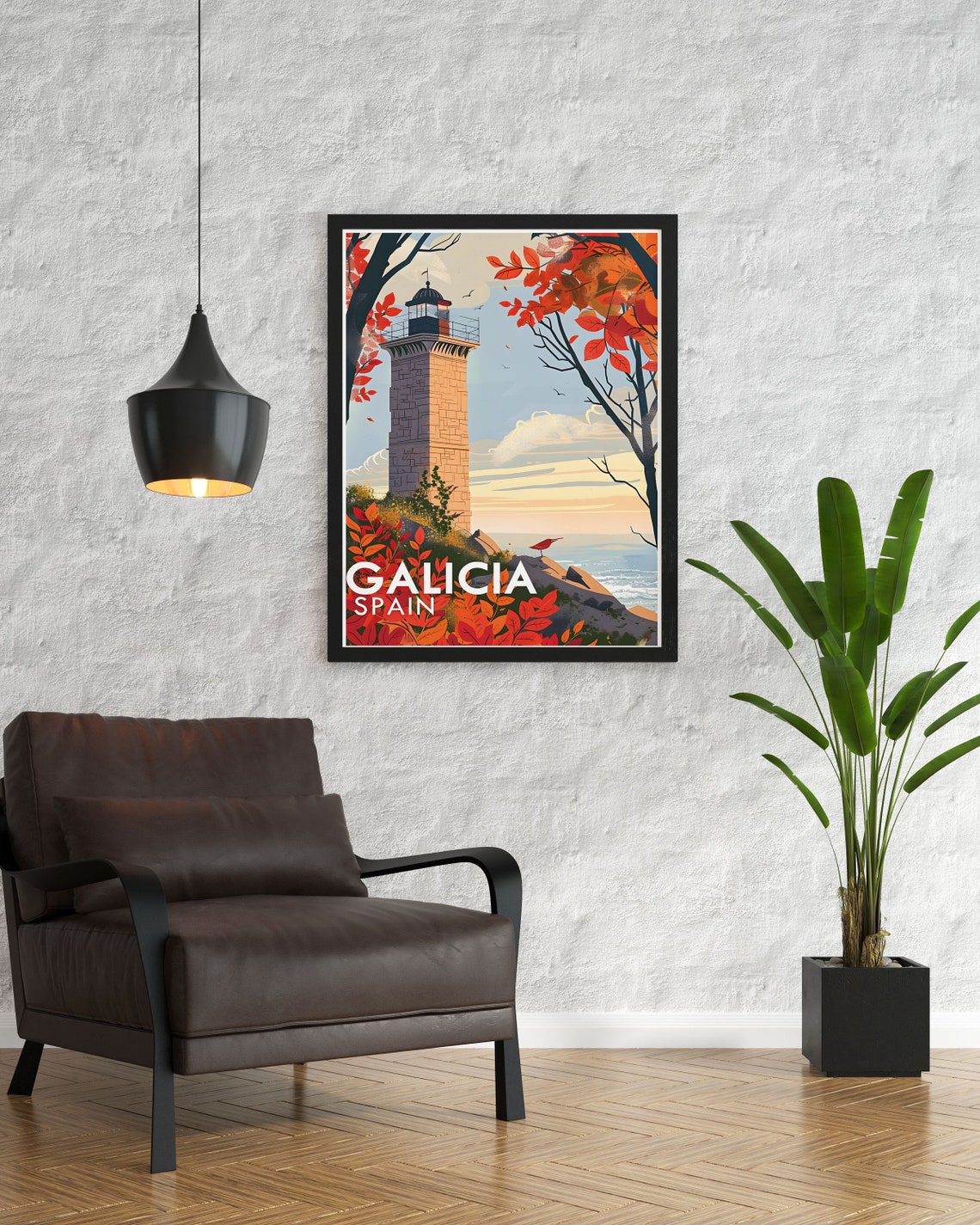 Galicia Spain Stone Lighthouse Framed by Red Autumn Trees Poster - Image 2