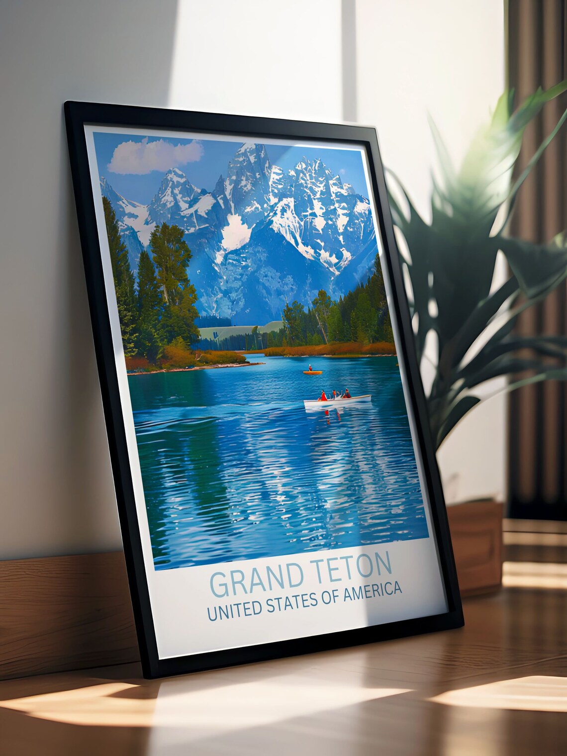 Grand Teton Lake Canoes Snow Peaks Daytime Adventure Travel Poster - Image 3