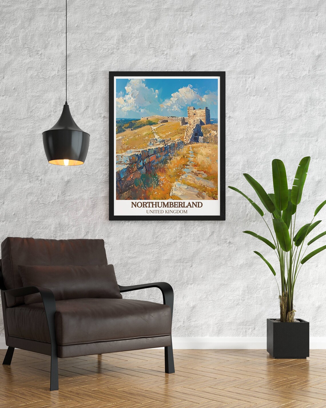 Northumberland UK Ancient Stone Wall Across Golden Hillside Poster - Image 2