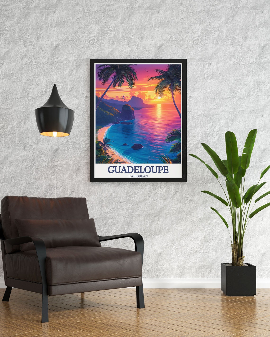 Guadeloupe Caribbean Volcano Sunset Palm Beach Travel Poster - Image 3