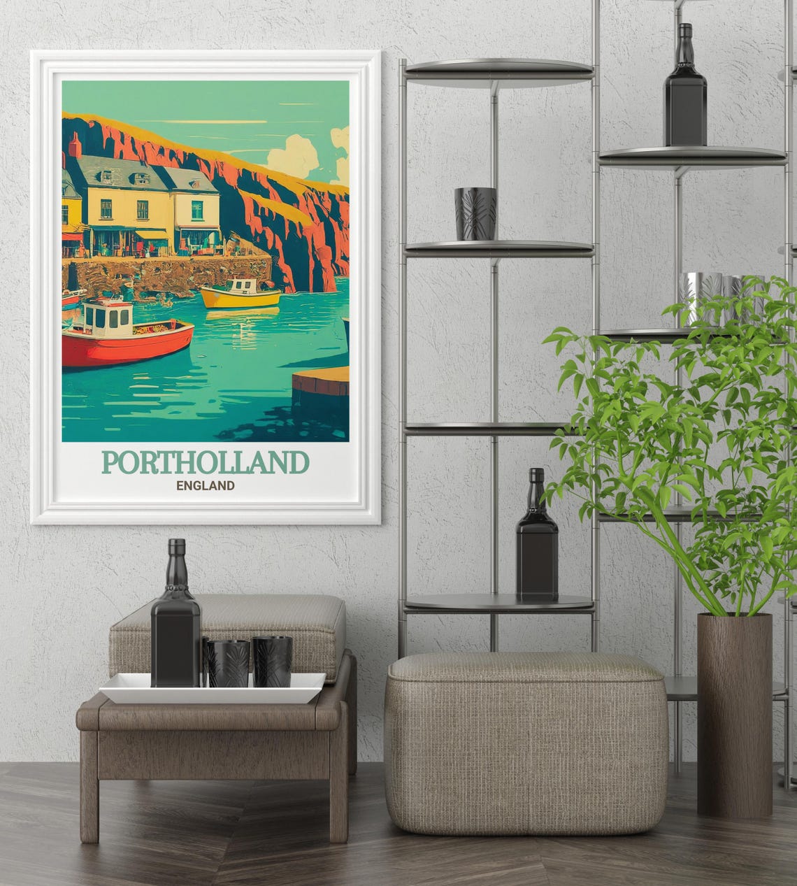 Portholland England Poster with Harbor Boats and Red Sandstone Cliffs - Image 3