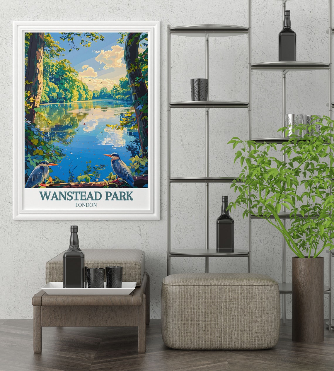 Wanstead Park Herons Resting on Log Forest Lake Travel Poster - Image 2