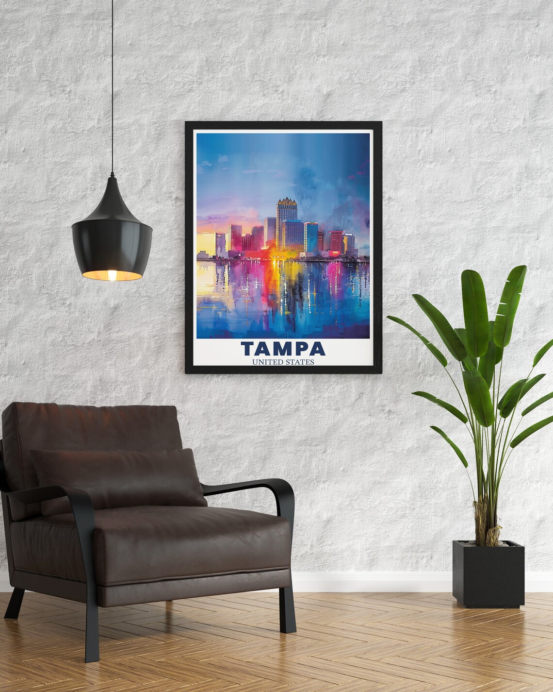 Tampa Night Skyline Watercolor Colorful Bay Reflections Poster - Image 3