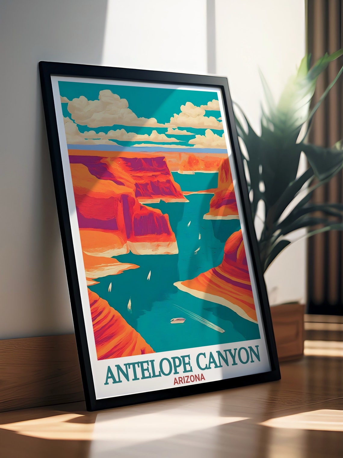 Antelope Canyon Turquoise Lake Boats Red Rock Desert Scenic Poster - Image 2