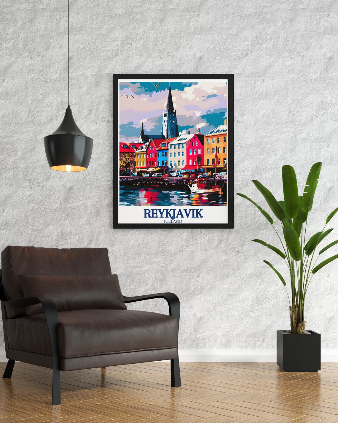 Reykjavik Waterfront with Hallgrimskirkja Church Colorful Retro Poster - Image 3