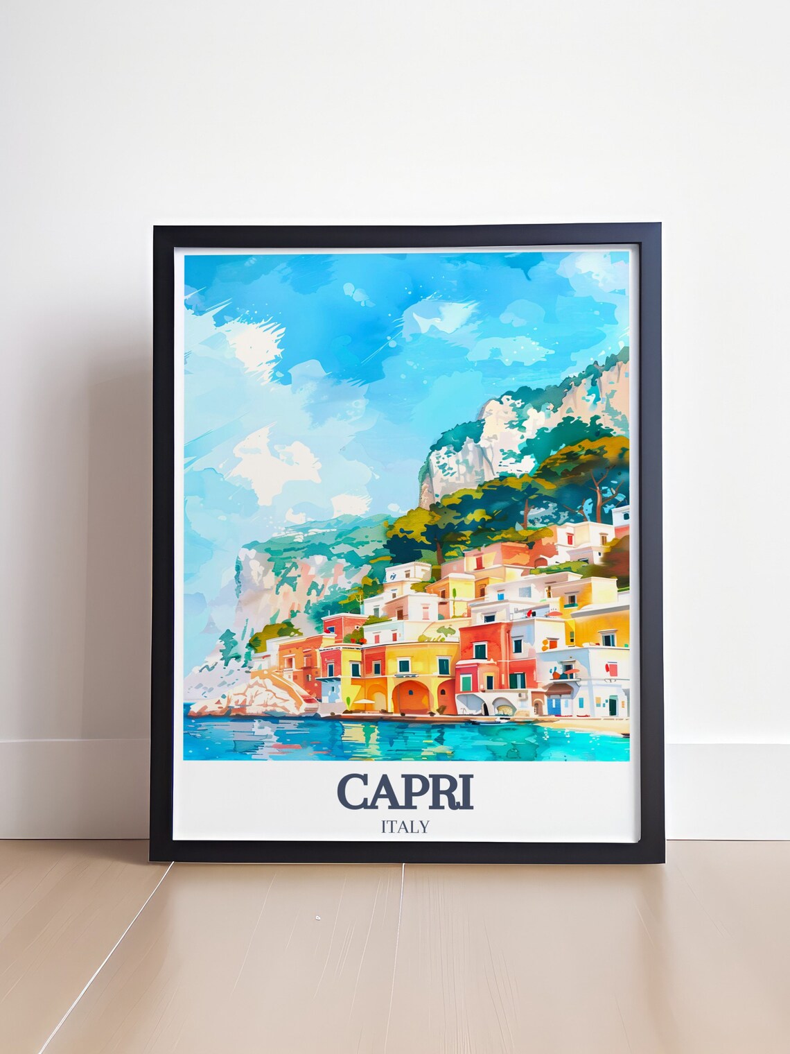Capri Italy Colorful Seaside Cliff Houses Watercolor Travel Poster - Image 4