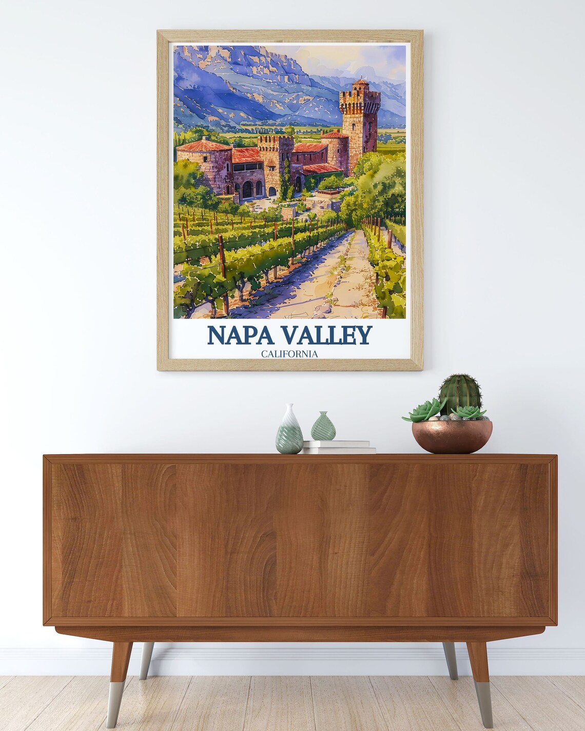 Napa Valley Castle Winery Vineyard Hills Watercolor Travel Poster - Image 3