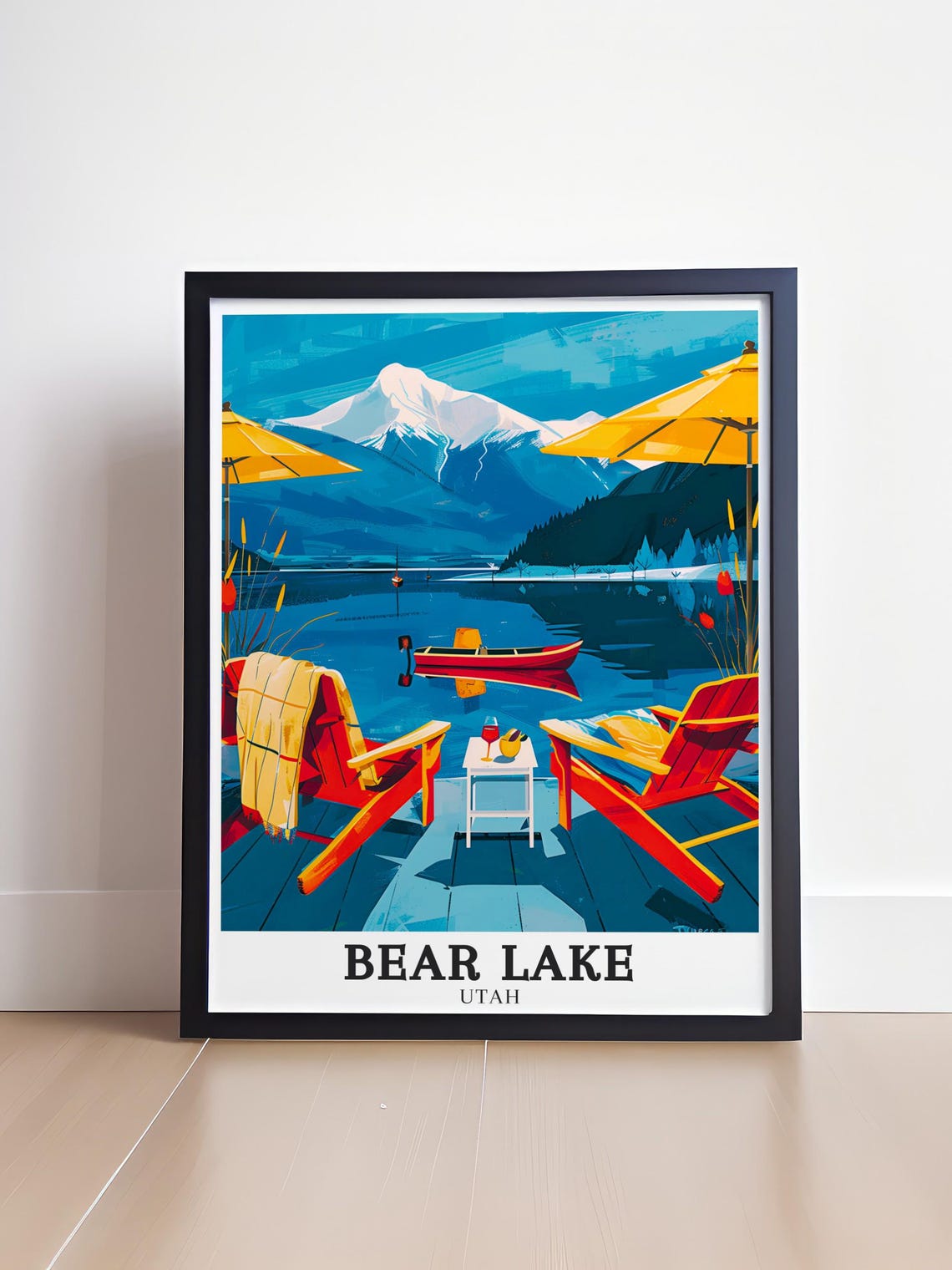 Bear Lake Utah Lakeside Deck Red Chairs Canoe Mountain View Art Poster - Image 4