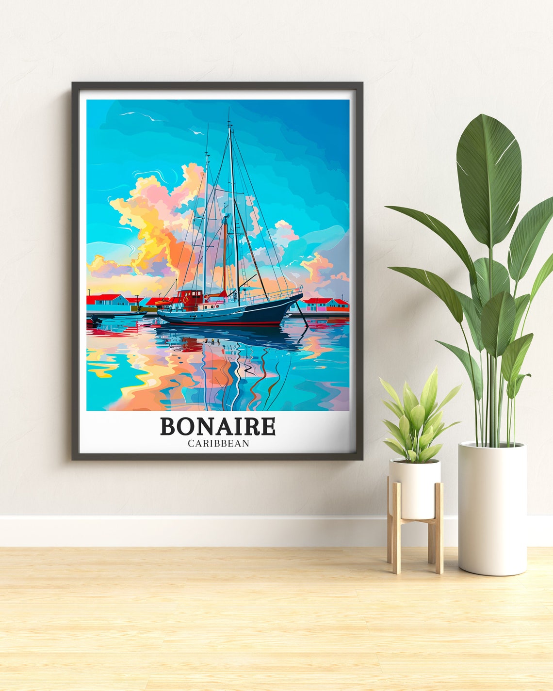 Bonaire Kralendijk Harbor Sailboat at Glowing Sunset Art Poster - Image 3