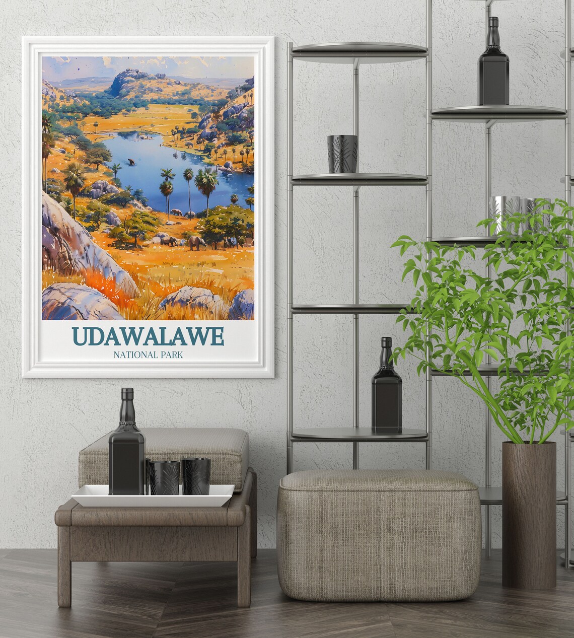 Udawalawe Reservoir Lake Elephants Golden Hills Travel Art Poster - Image 2