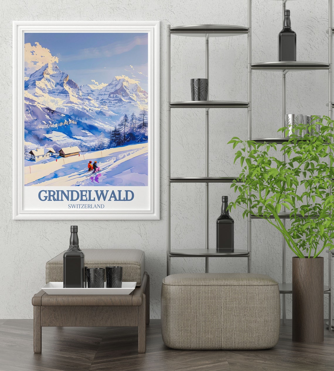 Grindelwald Switzerland Skiers Eiger Peak Chalet Scene Poster - Image 2