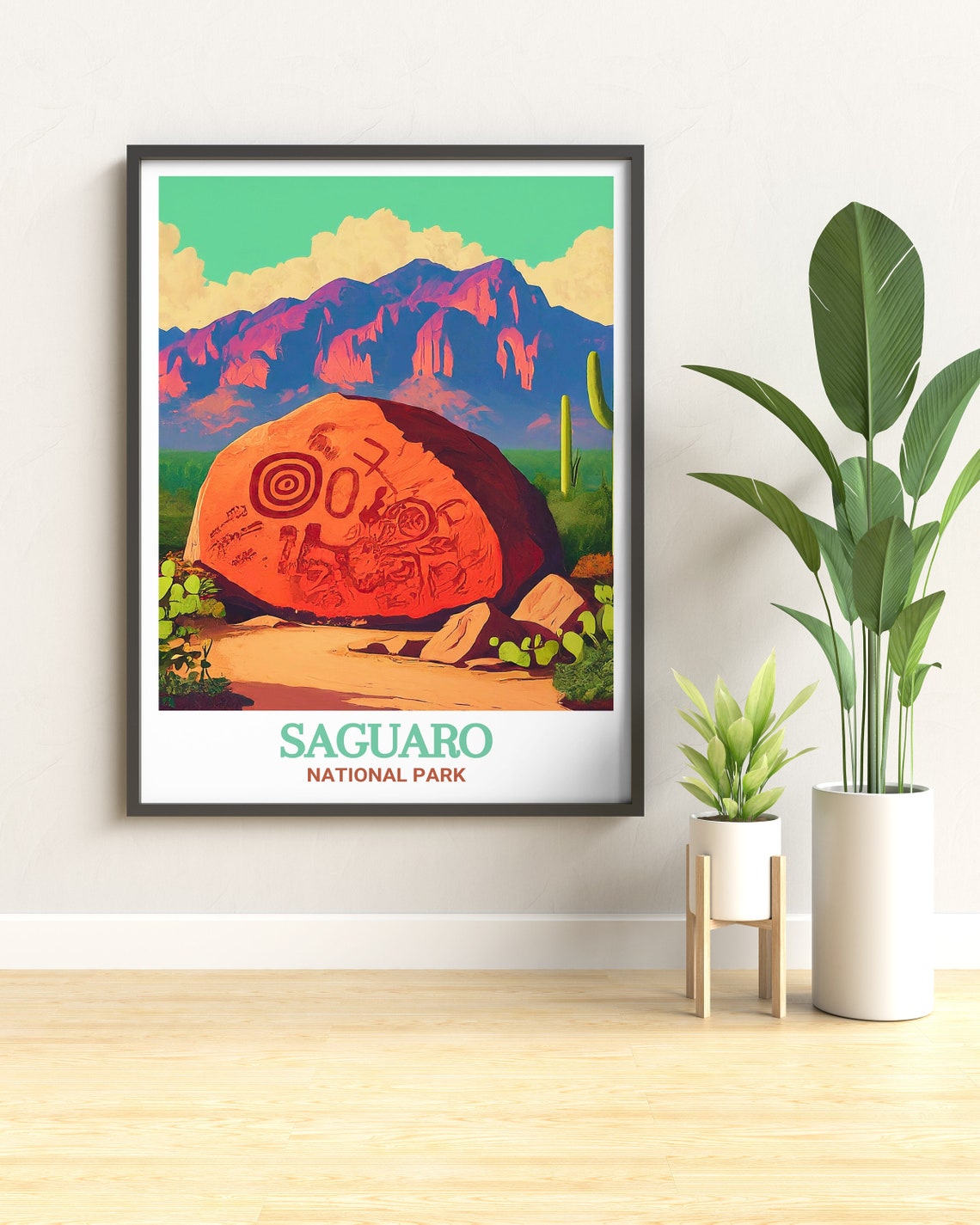 Saguaro Signal Hill Petroglyph Boulder Desert Mountains Poster - Image 2