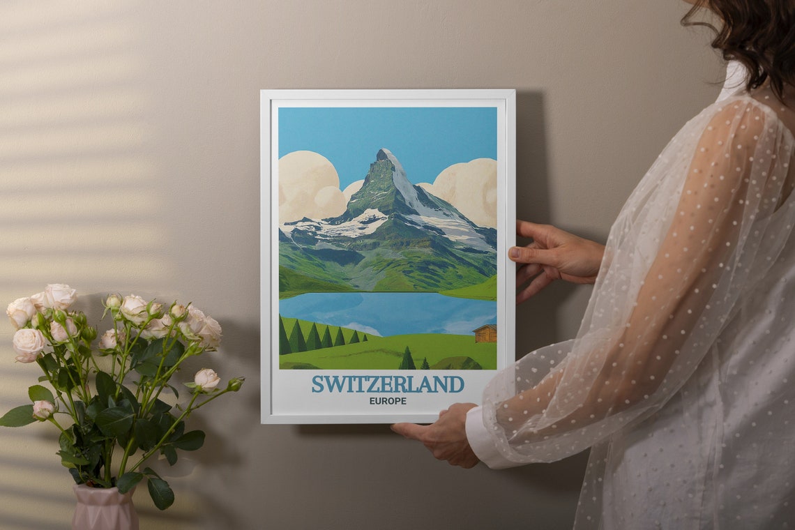 Switzerland Matterhorn Snowy Alpine Lake Meadow Cabin Poster - Image 3