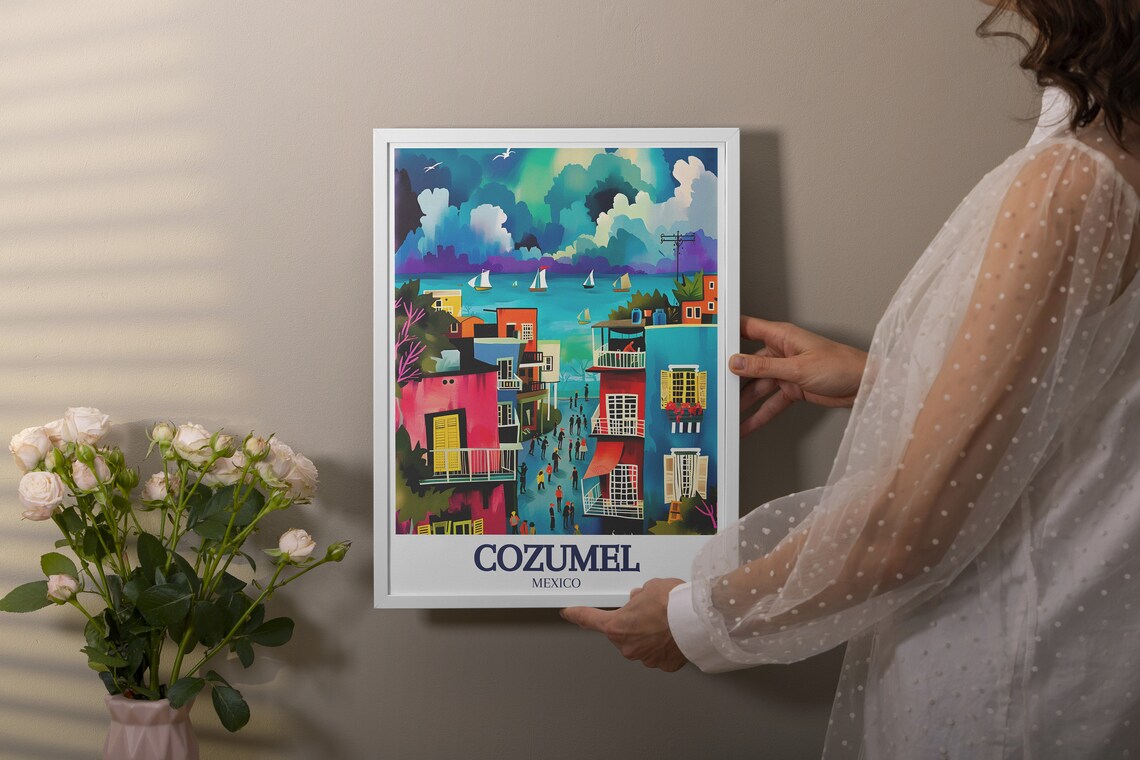 Cozumel Mexico Colorful Old Town Street Seaside Travel Poster - Image 3