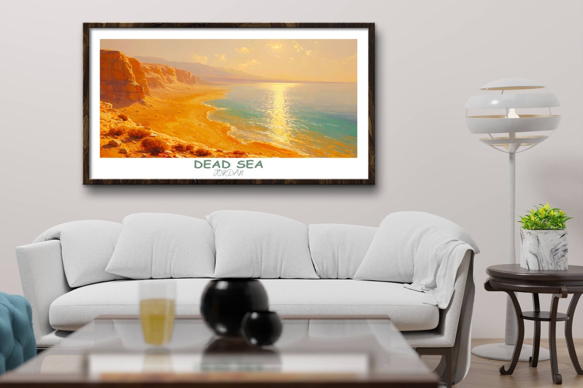 Dead Sea Golden Sunset Shoreline Cliffs Jordan Travel Poster - Image 2