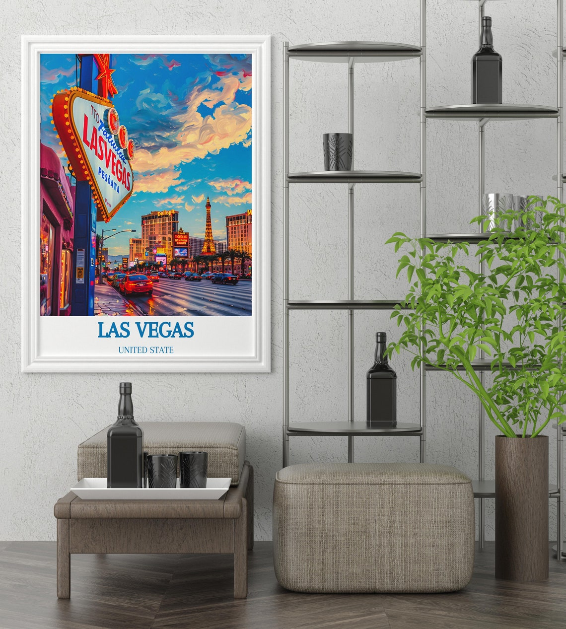 Las Vegas Strip Welcome Sign Eiffel Tower Replica Night Poster - Image 3
