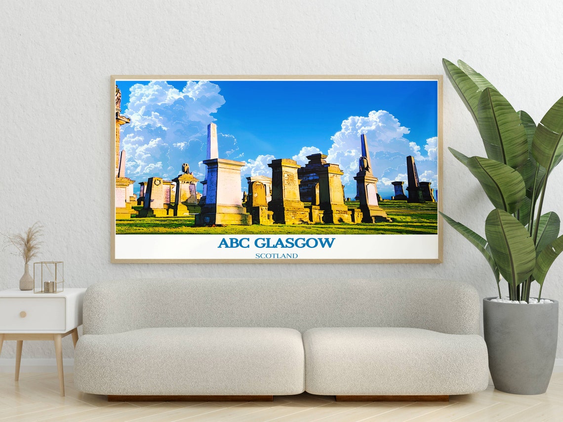 Glasgow Scotland Travel Poster Old Cemetery Monuments Blue Sky - Image 3
