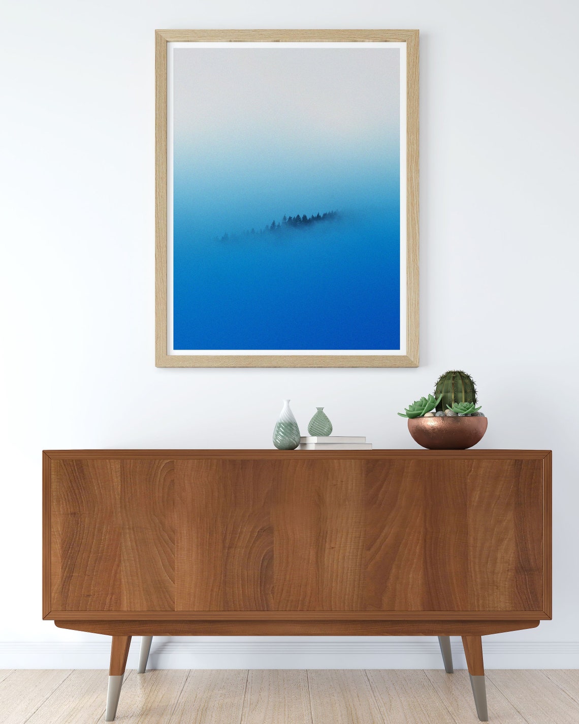 Misty Pine Treetops Emerging From Blue Fog Minimalist Nature Print - Image 3