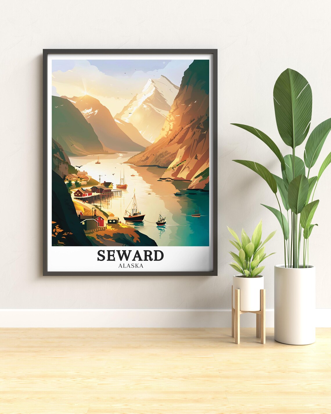 Seward Alaska Fishing Harbor Sunrise Fjord Scene Travel Poster - Image 3