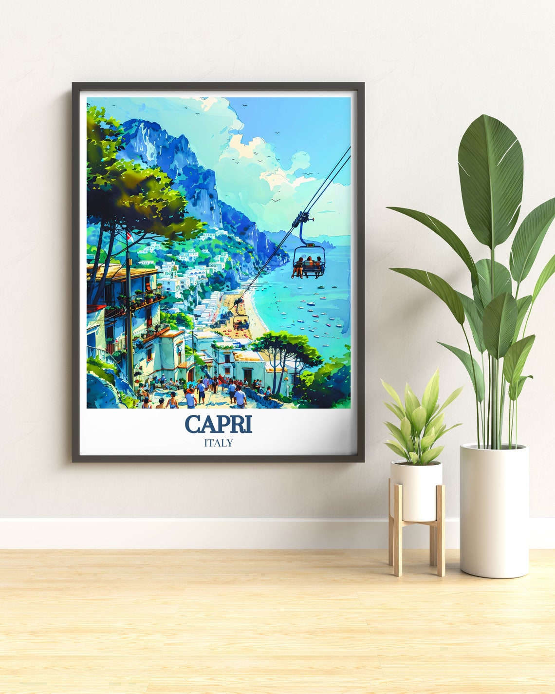 Capri Italy Chairlift Over Turquoise Bay Cliffs Coastline Poster - Image 2