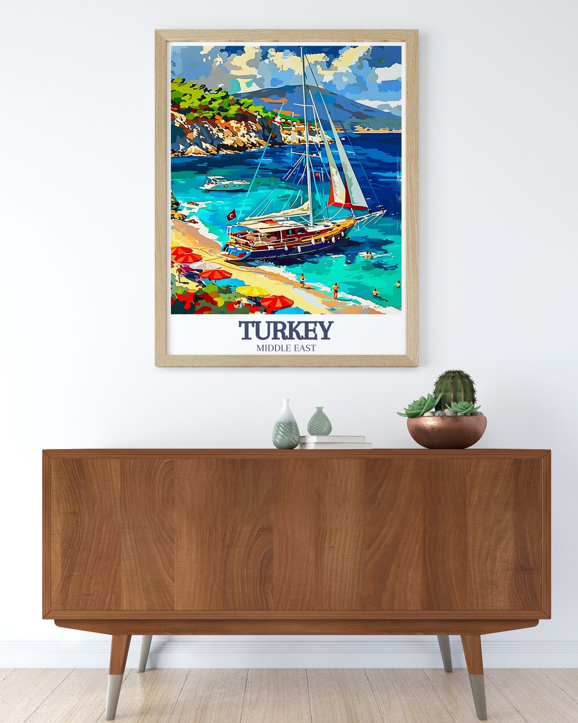 Turkey Gulet Sailboat Turquoise Coast Colorful Beach Painting Poster - Image 3
