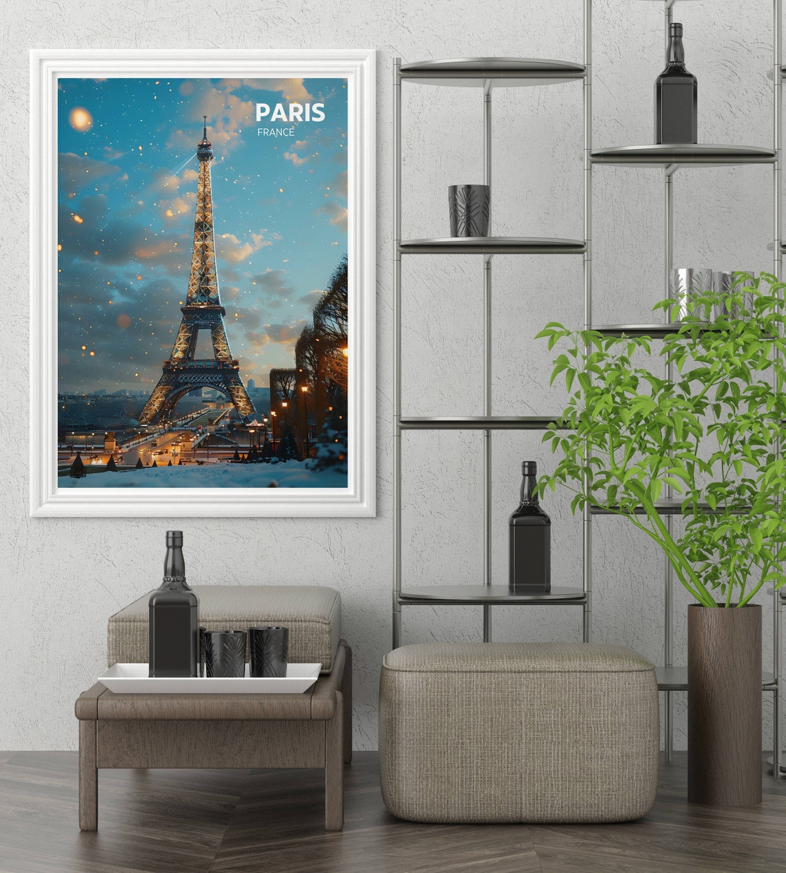 Paris France Eiffel Tower Above a Snowy Dusk City Scene Poster - Image 2