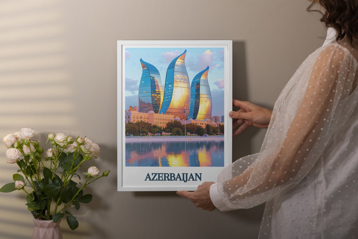 Azerbaijan Vintage Print Flame Towers Travel Art Baku Vintage Poster Modern Scenic Art Flame Towers Wall Hanging Decor - Image 3