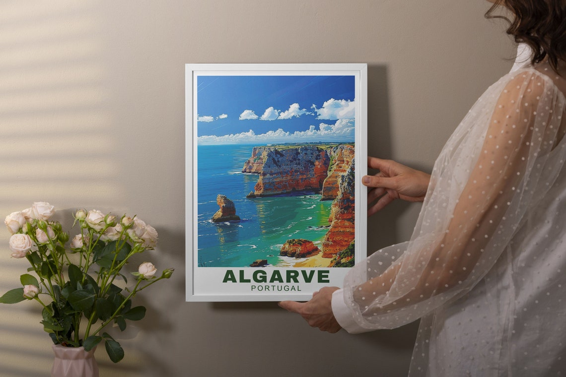 Algarve Portugal Red Rock Cliffs Turquoise Bay Travel Poster - Image 3