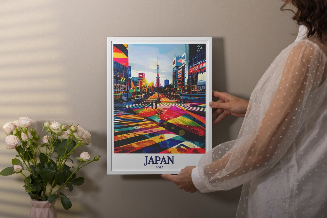 Japan Shibuya Crossing With Tokyo Tower Colorful Street Poster - Image 3