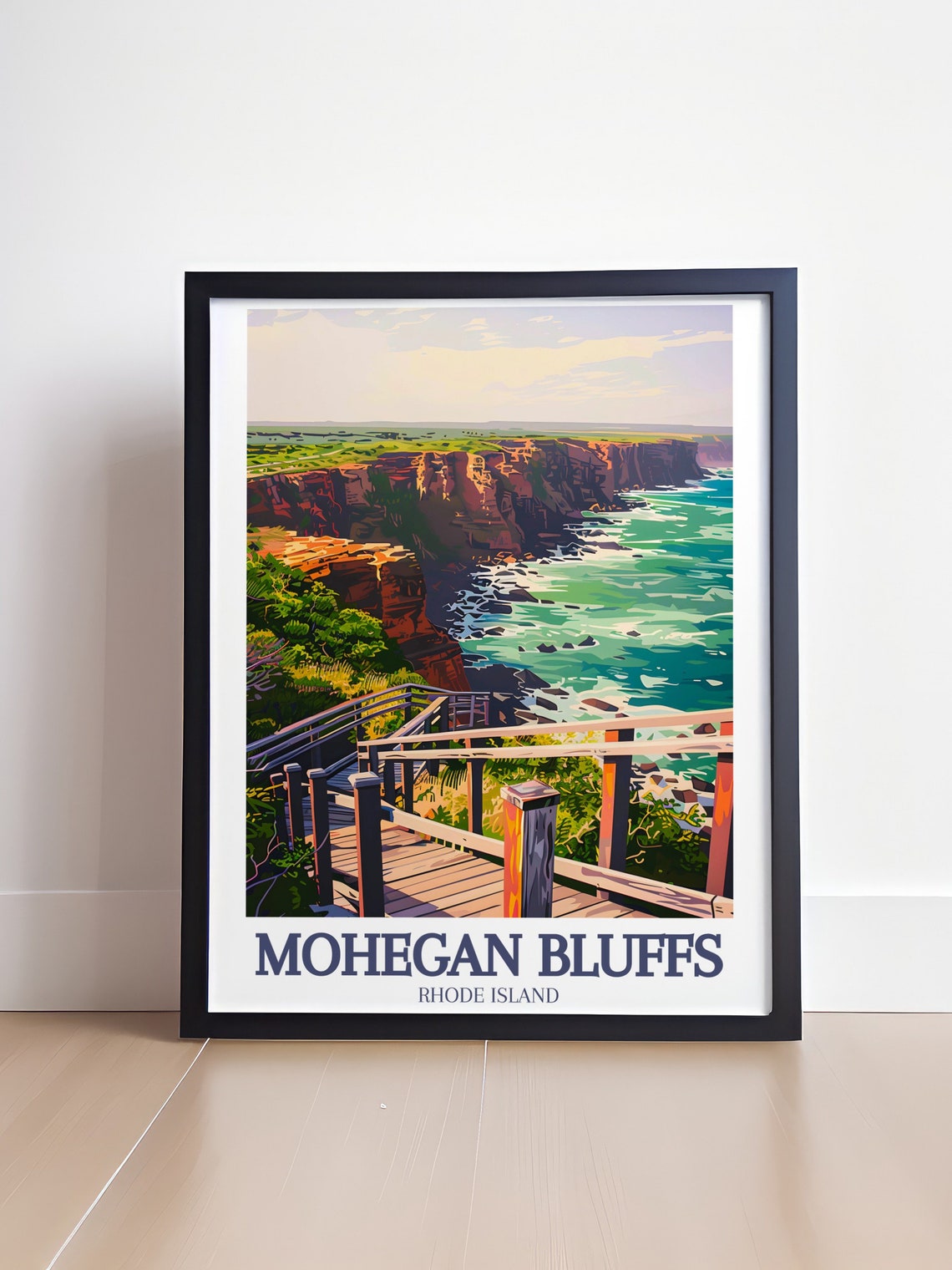 Mohegan Bluffs Rhode Island Cliff Stairs Over Ocean View Poster - Image 4