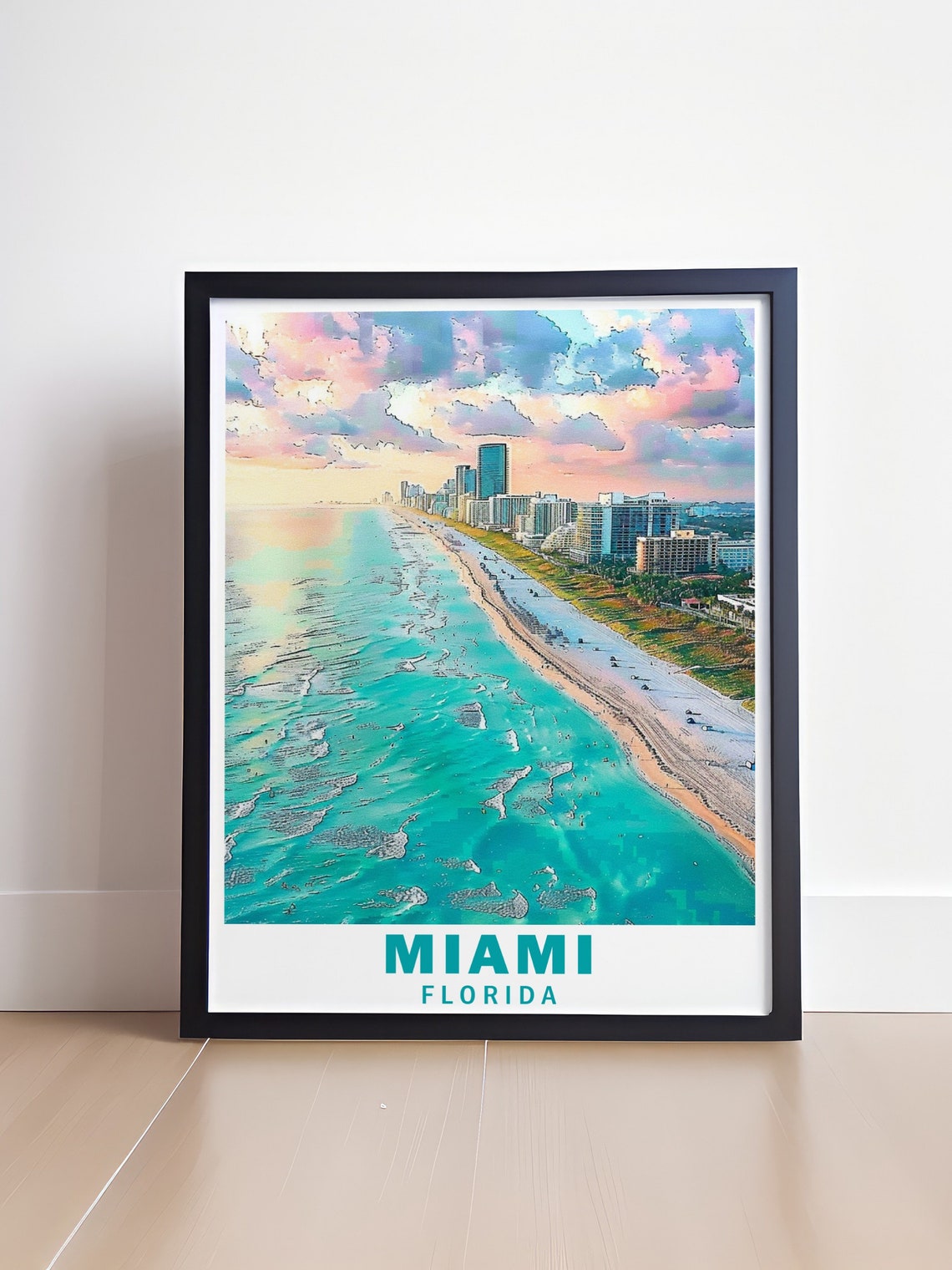 Miami Florida Aerial Beach Sunset Skyline Soft Watercolor Poster - Image 4