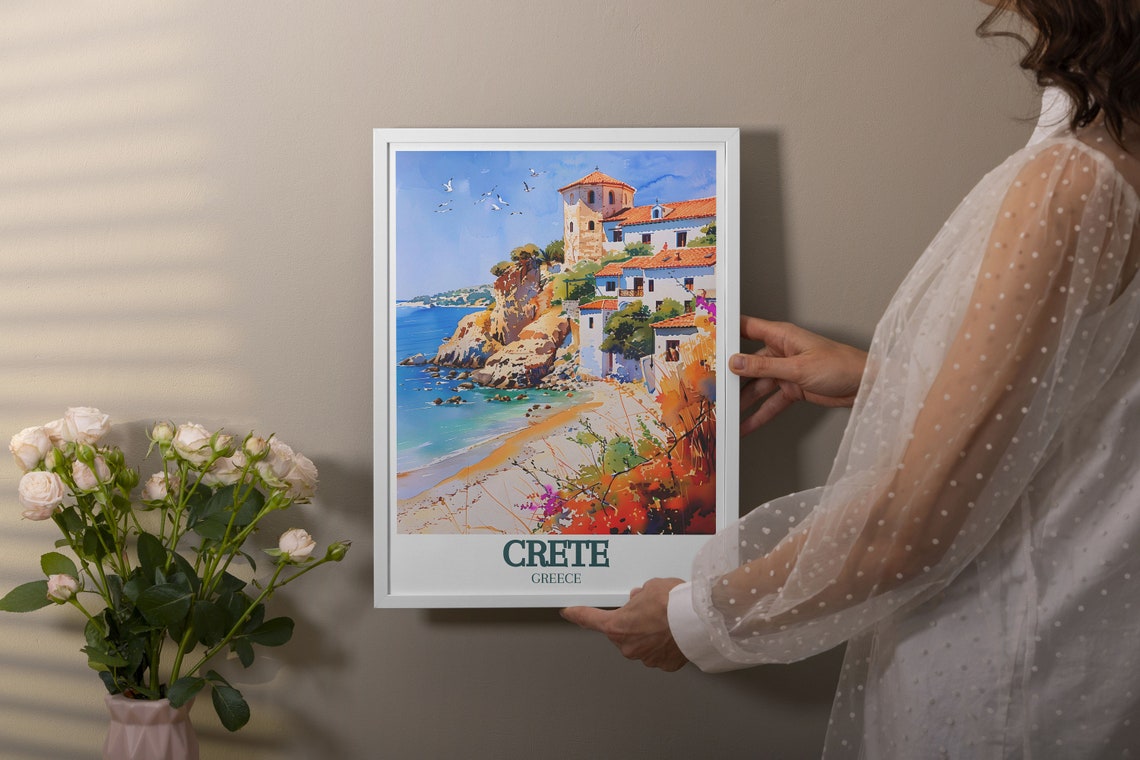 Crete Greece Cliffside Village Tower Beach Cove Travel Poster - Image 4