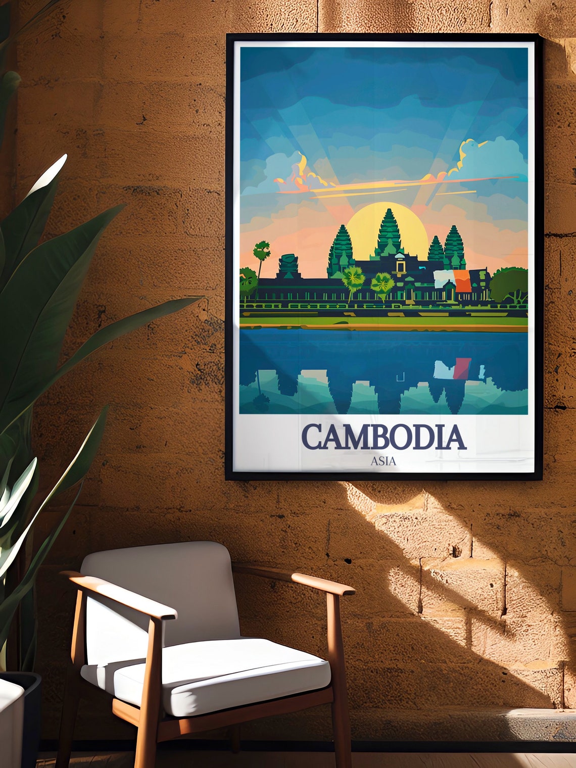 Angkor Wat Sunrise Reflection Cambodia Vintage Travel Poster - Image 2