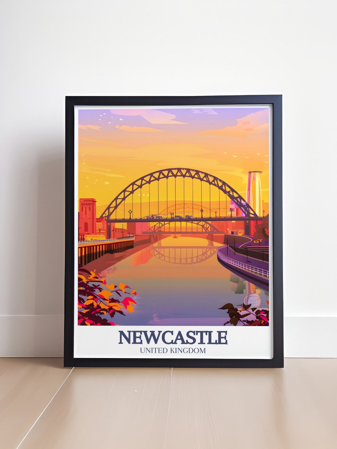 Newcastle Tyne Bridge Golden Sunset Reflection Retro Travel Poster - Image 4