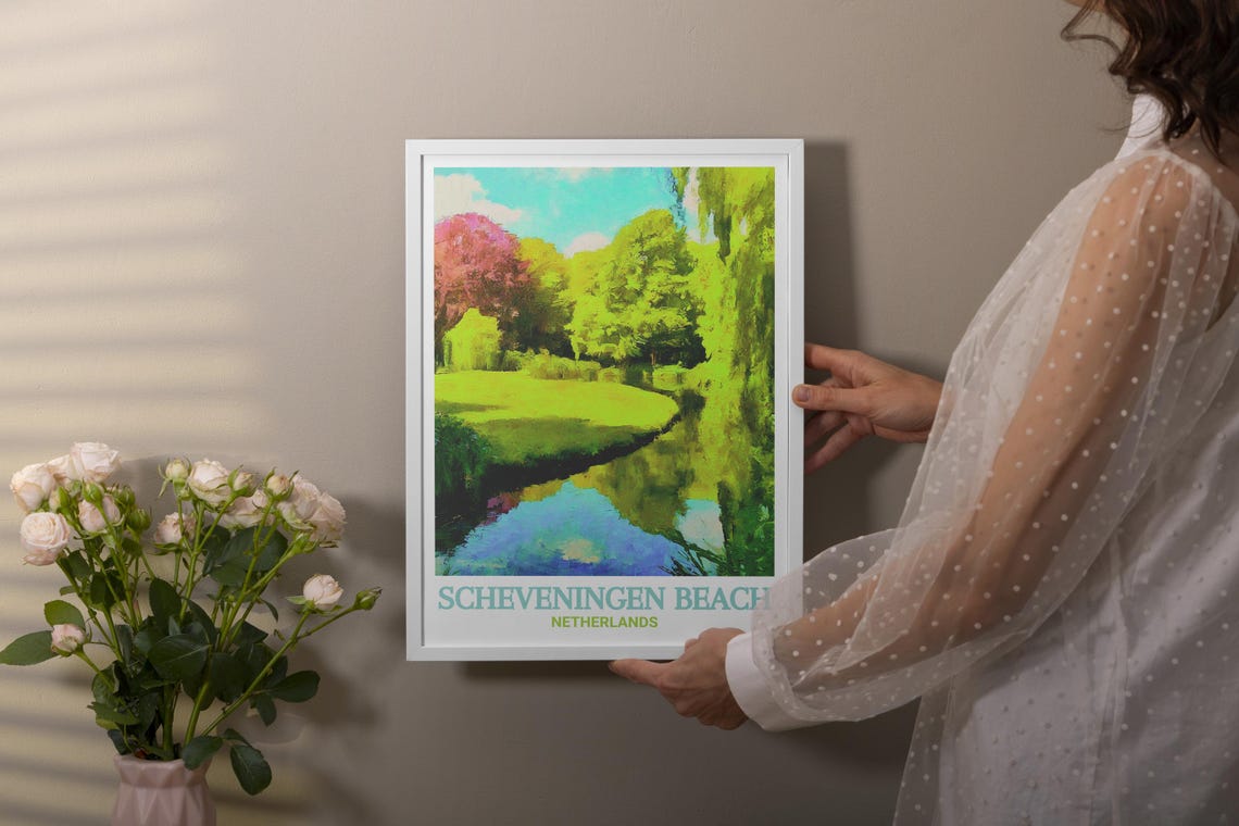 Scheveningen Beach Poster with Sunlit Park Pond and Willow Trees - Image 2